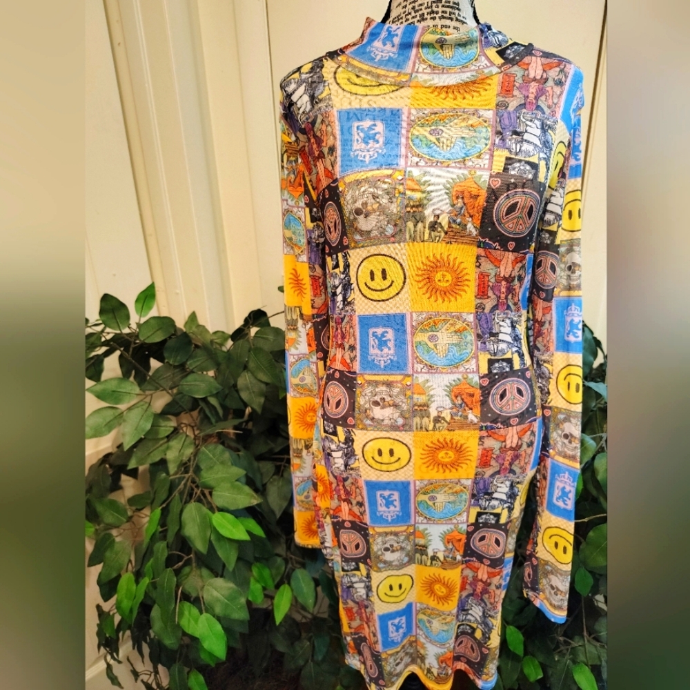 Fashion Nova Celestial Multicolor Graphic Mesh Mock Neck Dress. New With Tags